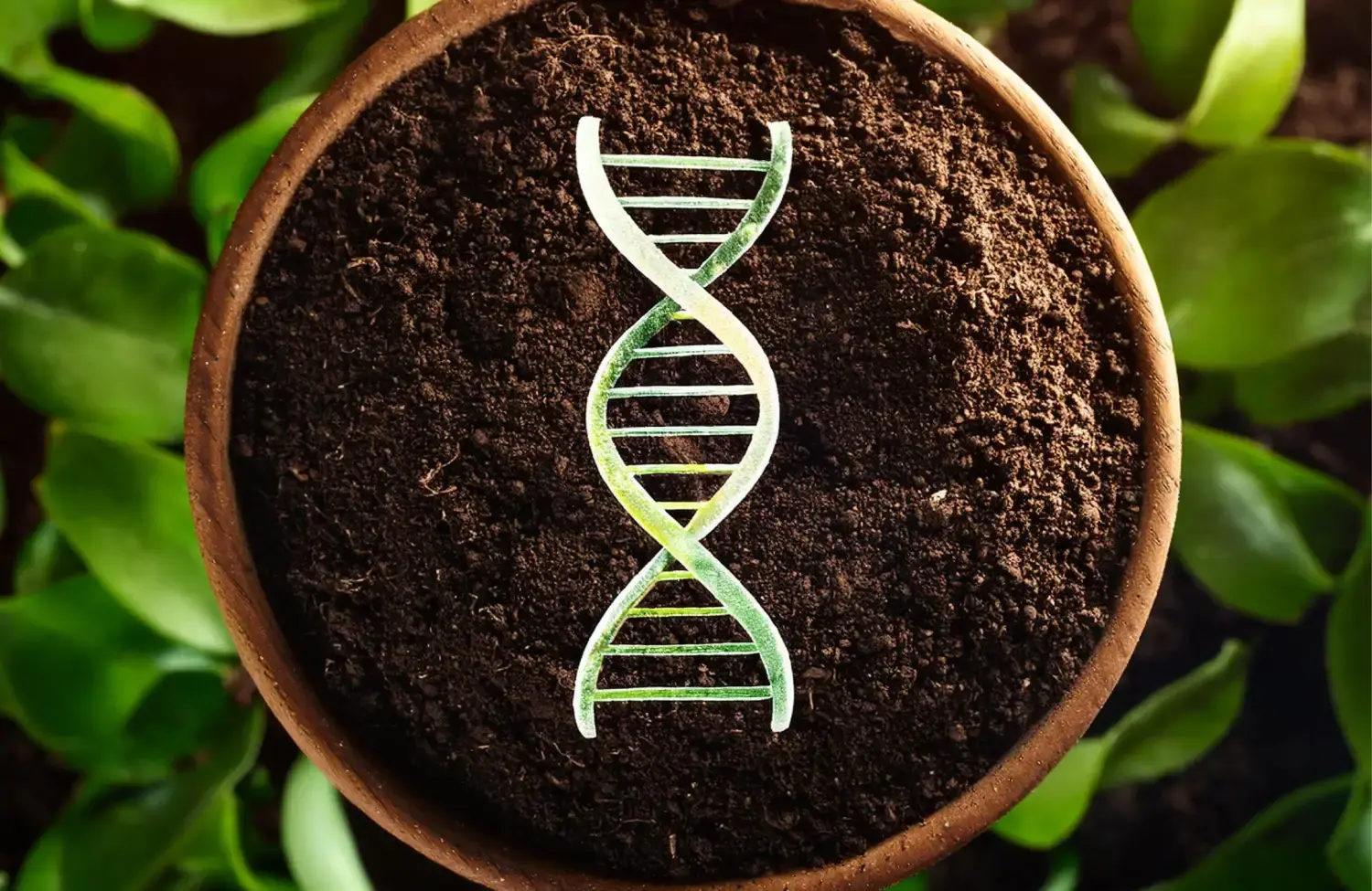 a genome spiral within a pot of soil over a background of leaves
